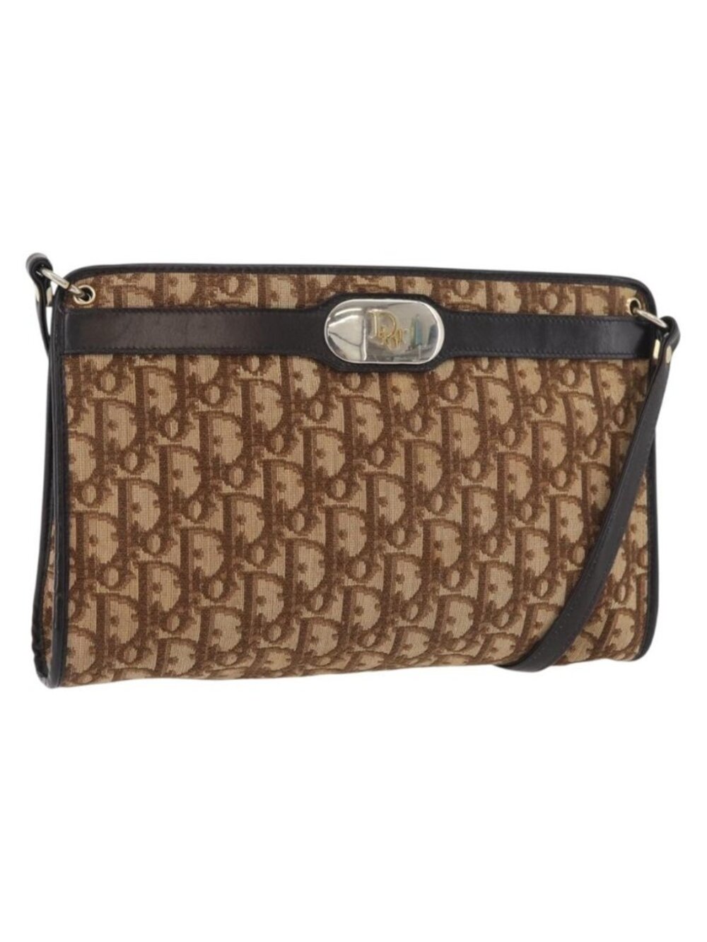 Authentic Christian Dior Trotter Canvas Shoulder Bag Beige Gold